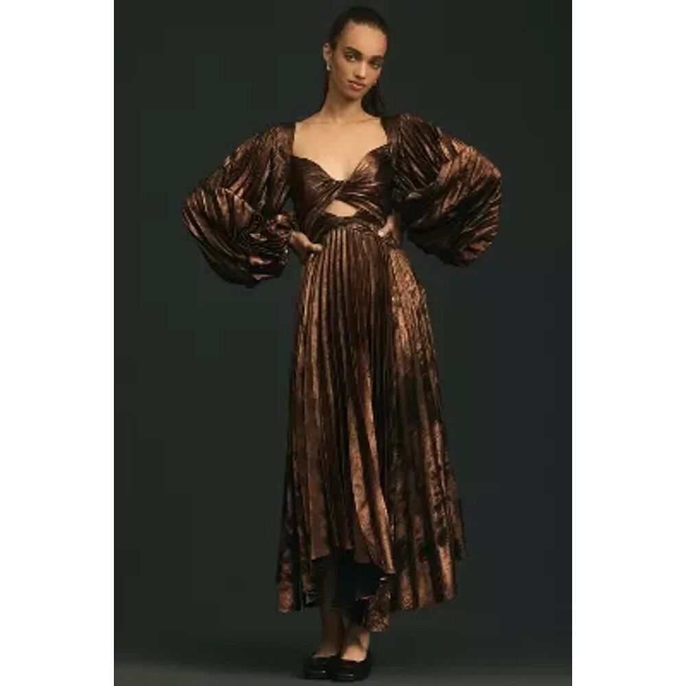 Acler Auroa Metallic Twist-Front Pleated Midi Dress AU8/US4